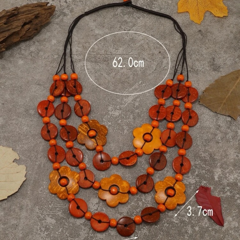 New Artisan Autumn Brown& Orange Wooden Bead Floral Decor Statement Necklace - Picture 5 of 9